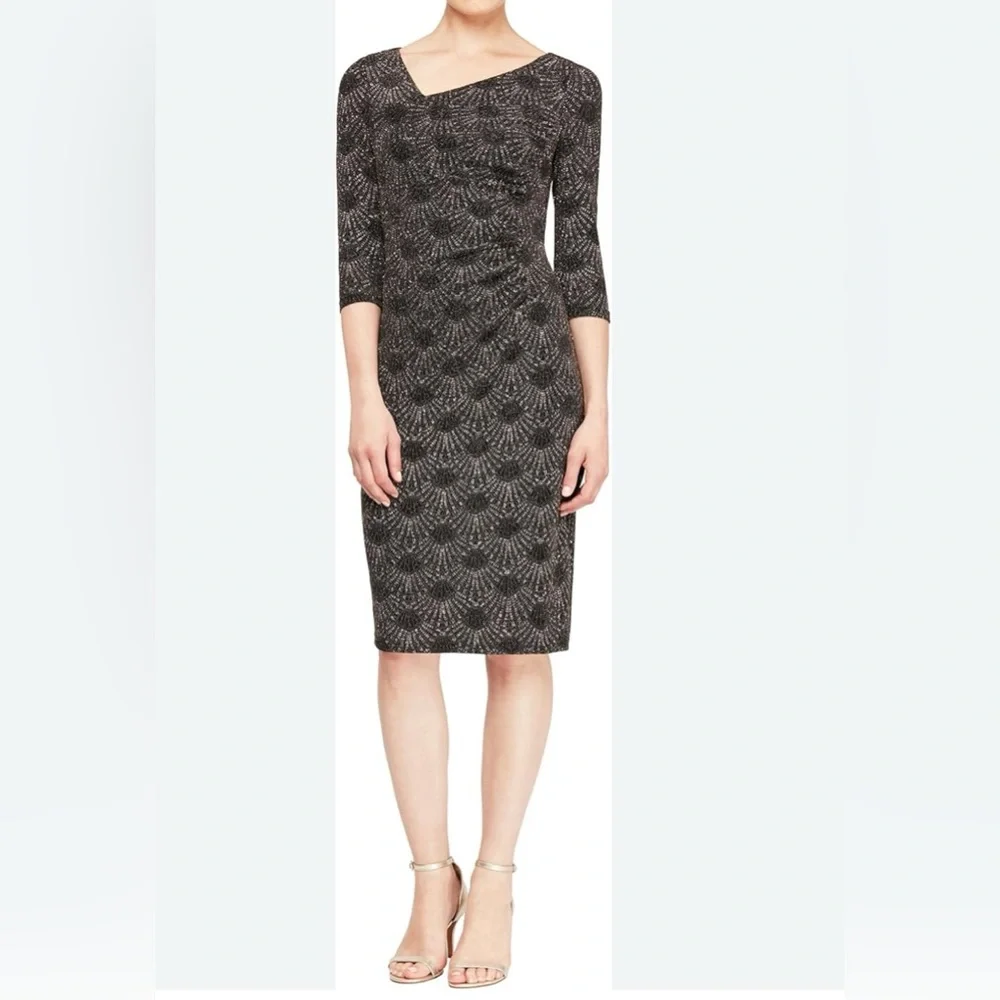 SLNY Printed Metallic Sequin Sheath Cocktail Evening Wear Dress Size 14